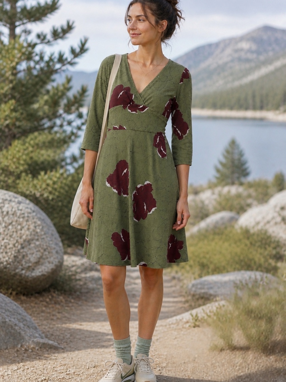 Patagonia Margo Dress | 3/4 Sleeve | Olive Green Floral | Small
